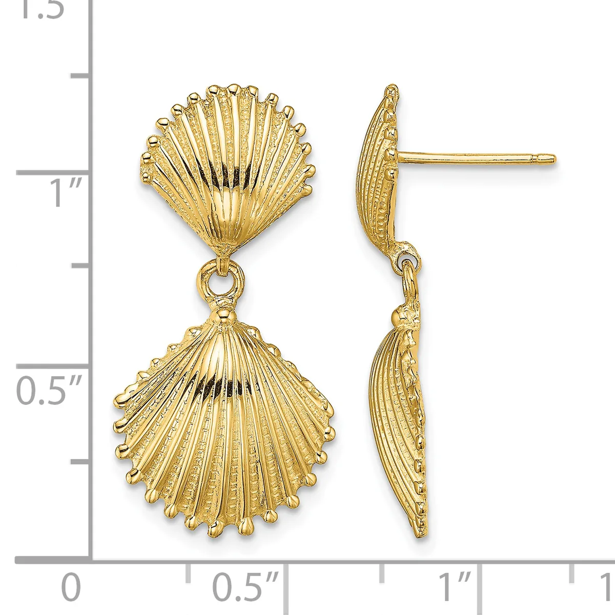 Pair of gold-tone shell-shaped dangle earrings with stud posts, shown front and side views against a measurement scale.