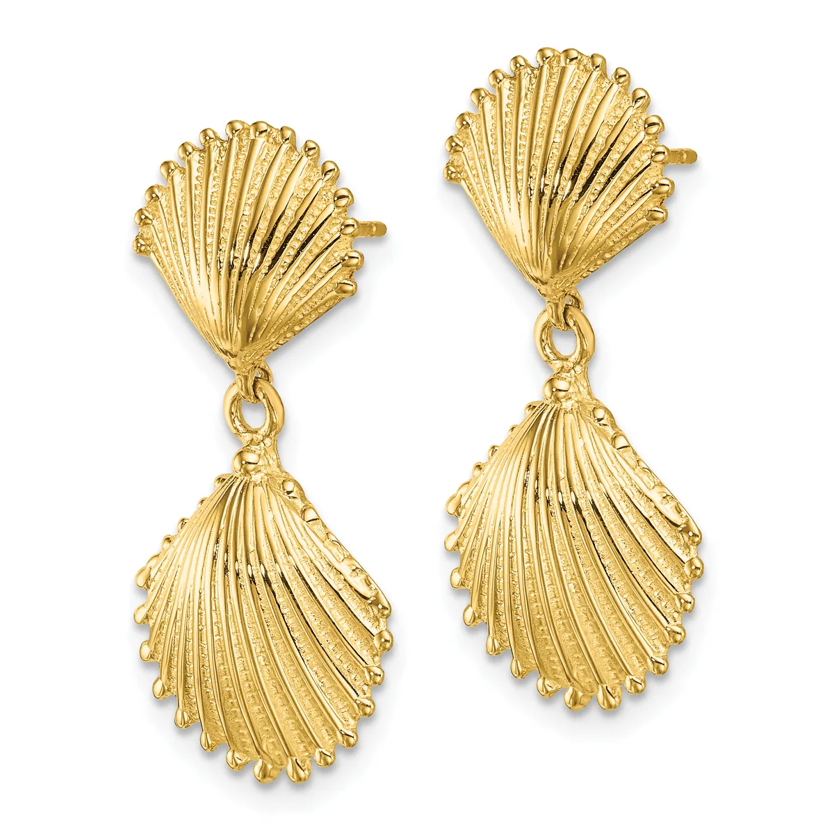 A pair of gold seashell-shaped dangle earrings with ribbed detailing and post backs, displayed against a white background.