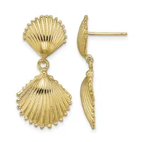 Pair of gold shell-shaped drop earrings shown from front and side views, featuring radiating ridged details and small looped terminals.