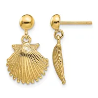 Pair of gold shell-shaped drop earrings with beaded edges, shown from front and side views, suspended from polished ball studs.