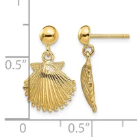 A pair of gold shell-shaped dangle earrings with ball studs, shown front and side view against a measurement scale indicating approximately 0.5 inches in length.