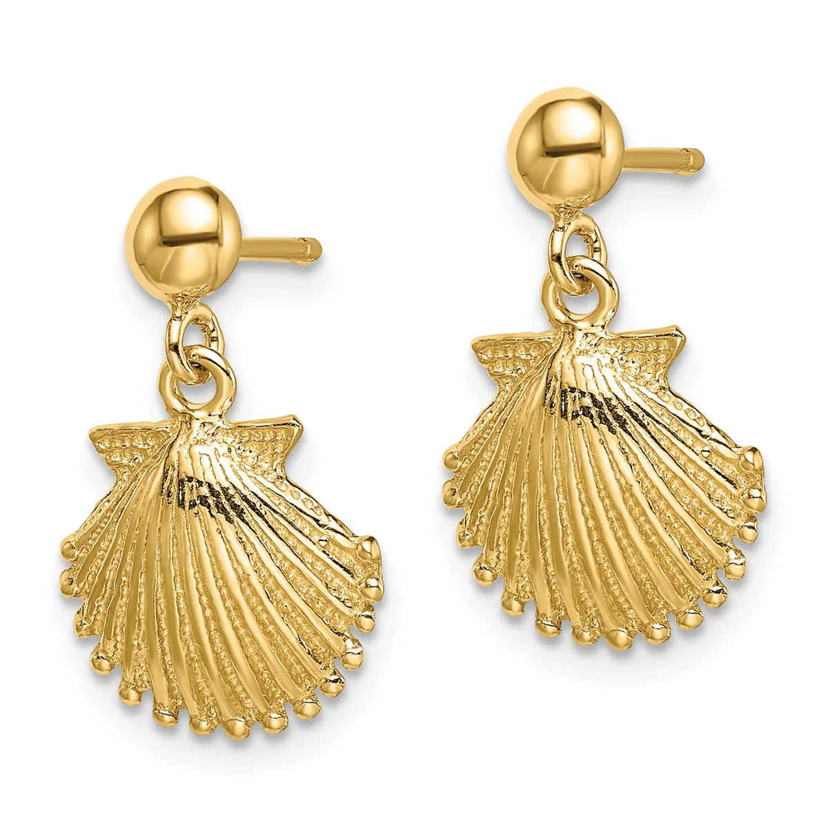 Pair of gold-toned drop earrings with round ball posts connected by small loops to large scallop shell charms with textured detail and beaded edges.