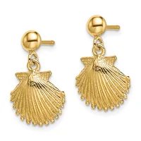 Pair of gold-toned drop earrings with round ball posts connected by small loops to large scallop shell charms with textured detail and beaded edges.