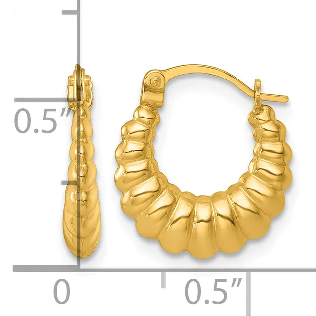 A pair of gold hoop earrings with a textured, ribbed design, shown front and side view with measurement scale indicating approximately 0.5 inches in diameter.
