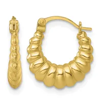 Pair of gold hoop earrings with textured, scalloped surface design shown from front and side views.
