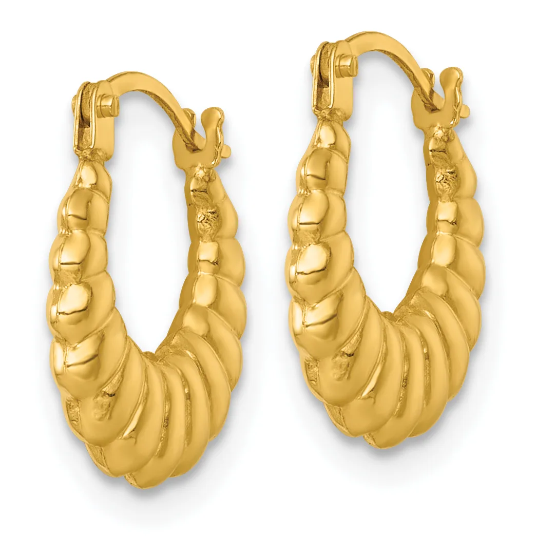 A pair of gold twisted hoop earrings with ridged texture and hinged closures, displayed against a white background.