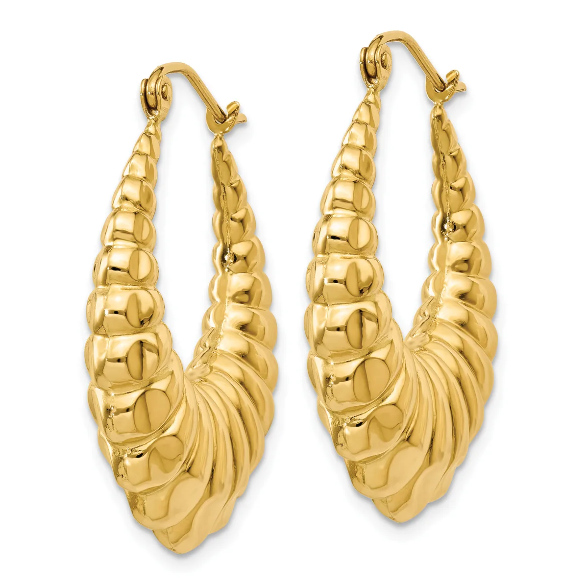A pair of gold hoop earrings with textured ridged and shell-like surface patterns, shown from the front against a white background.