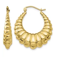 Pair of gold hoop earrings with segmented, puffy bubble design, shown as a single earring and a pair viewed from the front.