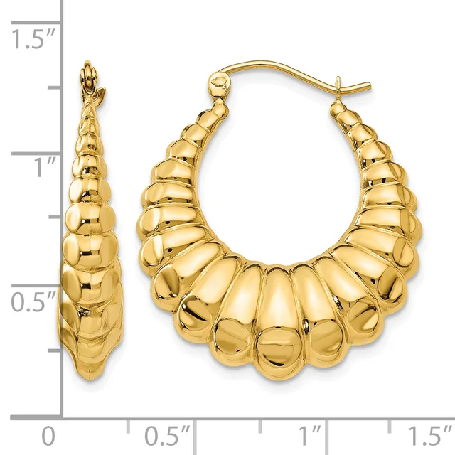 Pair of gold-toned hoop earrings with segmented, bubble-textured surface, shown next to a measurement scale indicating approximately one inch in width.