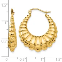 Pair of gold-toned hoop earrings with segmented, bubble-textured surface, shown next to a measurement scale indicating approximately one inch in width.