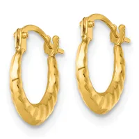 A pair of gold hoop earrings with a textured surface and hinged clasp closures, displayed against a white background.