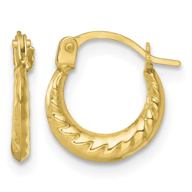 Pair of gold hoop earrings with textured diagonal lines and a polished finish, shown from front and side views.