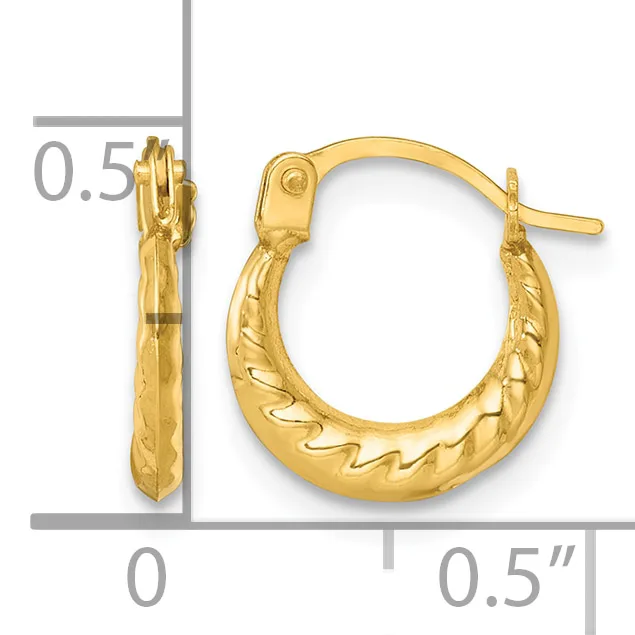 A pair of gold hoop earrings with textured surfaces and post backs, displayed against a measurement scale showing approximately 0.5 inches in diameter.