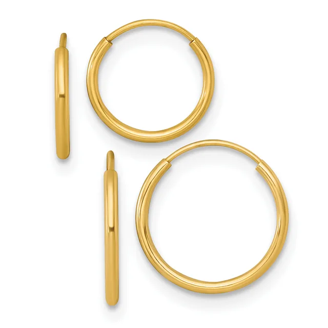 Two pairs of gold hoop earrings in different sizes displayed with their posts visible against a white background.