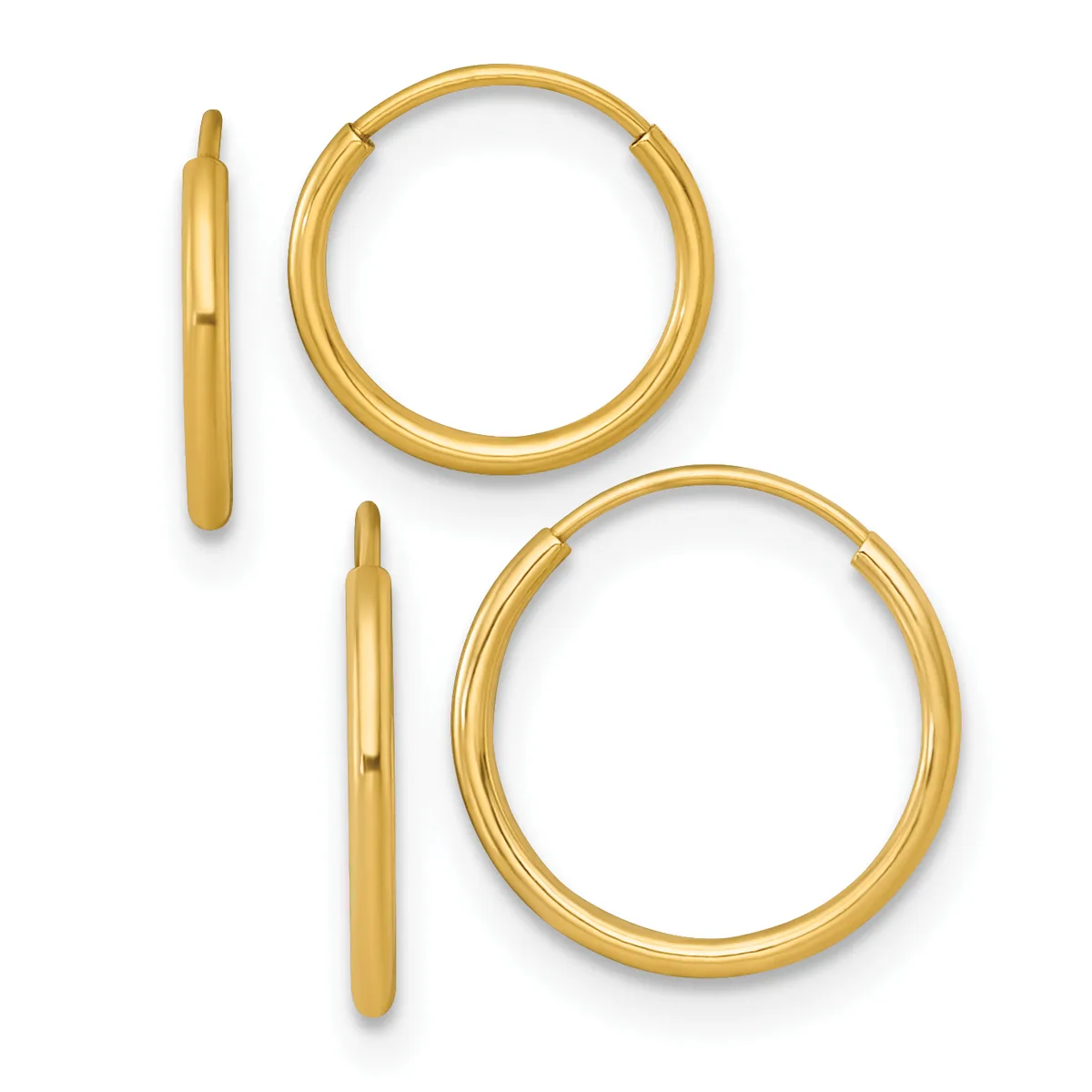 Two pairs of gold hoop earrings in different sizes displayed with their posts visible against a white background.