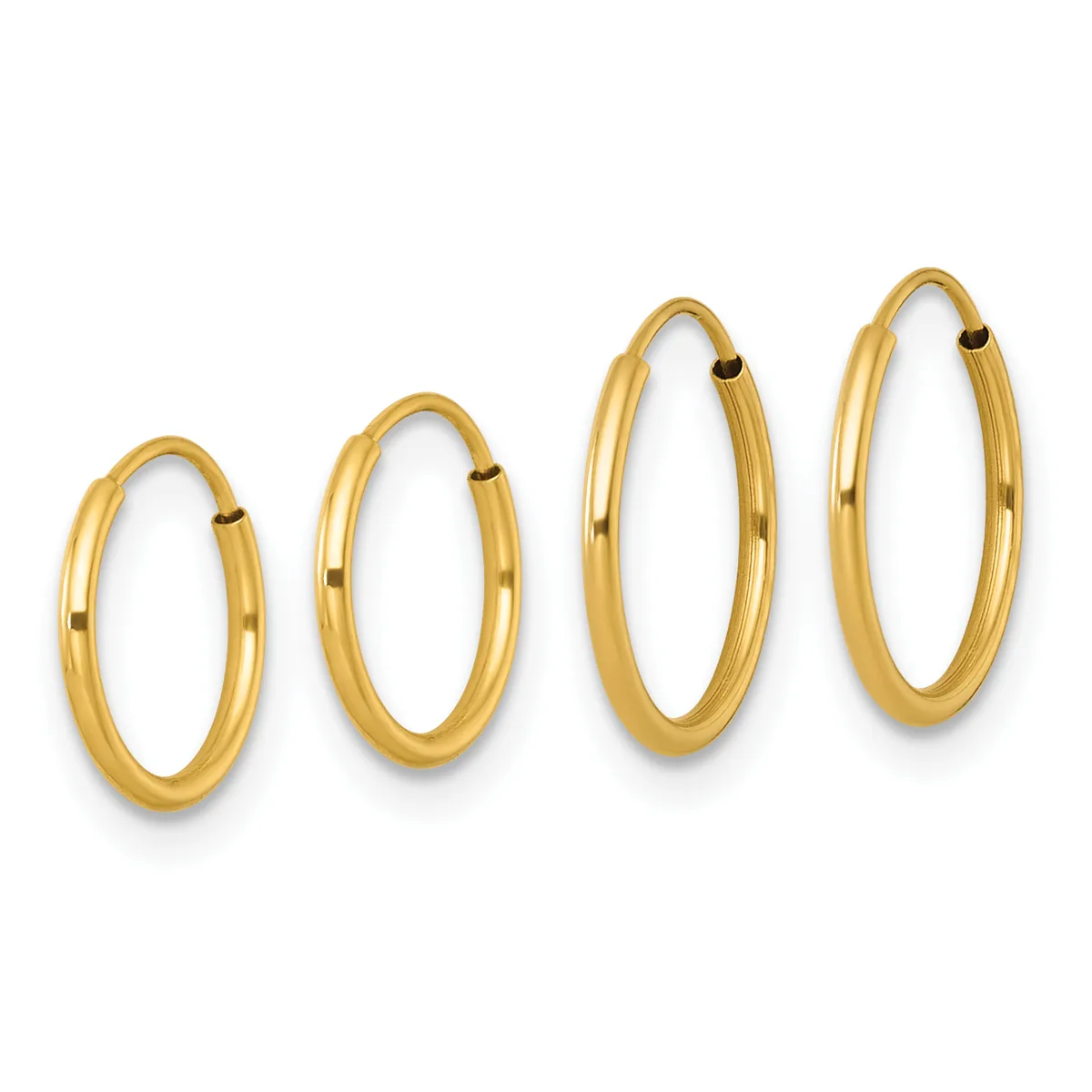 Four gold hoop earrings in increasing sizes arranged in a row, each with a polished finish and hinged closure.