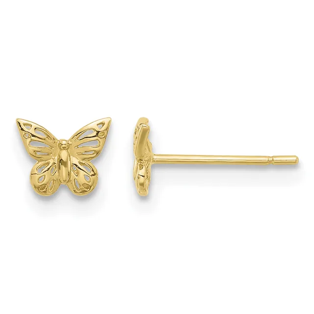 A pair of gold butterfly stud earrings shown from front and side views, featuring openwork wings with detailed vein patterns and posts with backs.