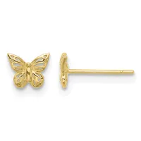 A pair of gold butterfly stud earrings shown from front and side views, featuring openwork wings with detailed vein patterns and posts with backs.