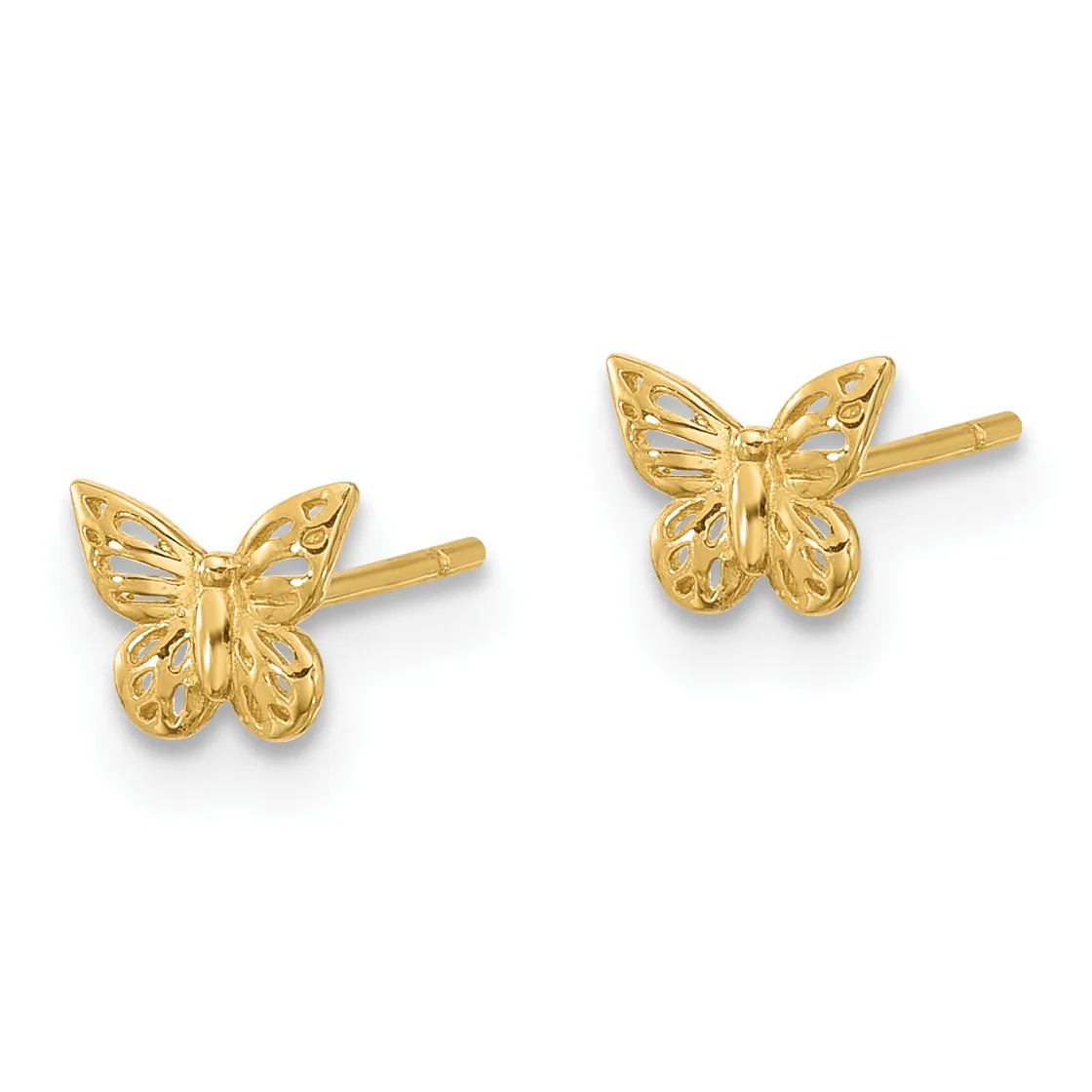 A pair of gold butterfly stud earrings with detailed wings and posts, shown from the front against a white background.