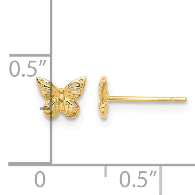 Gold butterfly stud earrings shown front and side view with a measurement scale indicating approximately 0.5 inches in size.