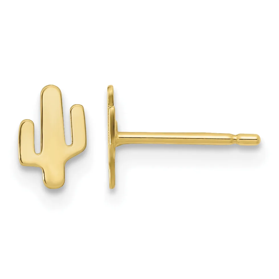 Pair of gold cactus-shaped stud earrings shown from front and side views, featuring polished finish and post backs.