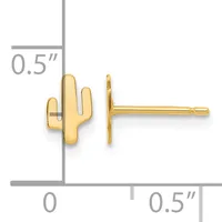 Gold-colored cactus-shaped stud earrings shown from front and side view with a measurement scale indicating 0.5 inches in height.