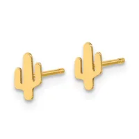 A pair of gold cactus-shaped stud earrings with post and clutch backs, shown against a white background.