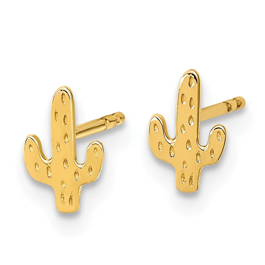 A pair of gold cactus-shaped stud earrings with textured surfaces and post backs.