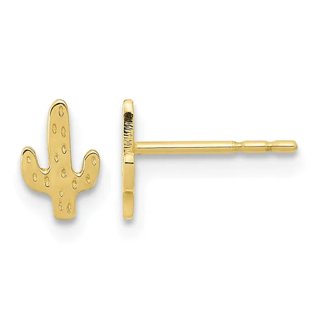 A pair of gold saguaro cactus stud earrings shown from front and side views, featuring textured details and post backs.