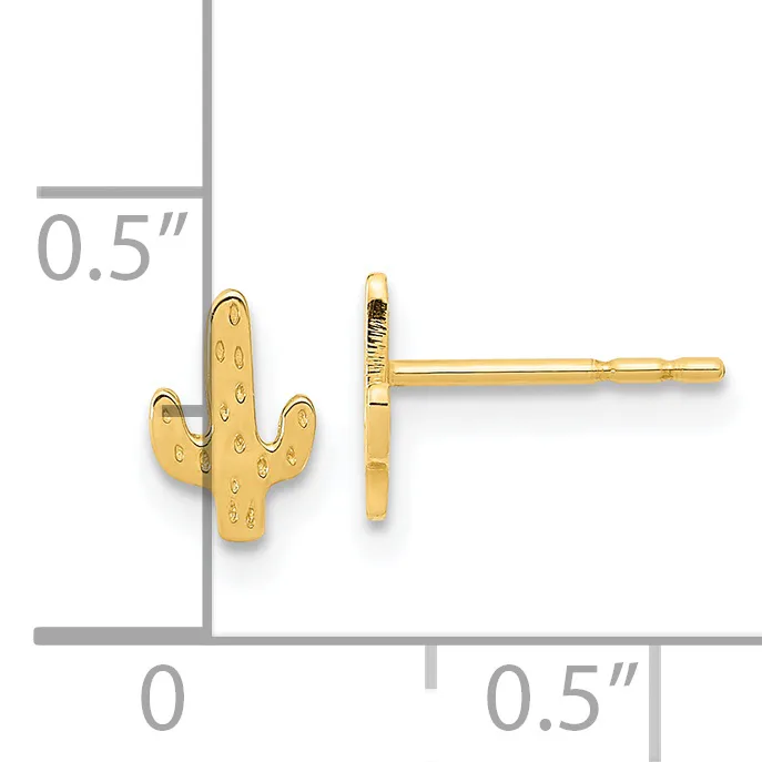 Gold cactus stud earrings shown from front and side views with measurement scale indicating approximately 0.5 inches in height and width.