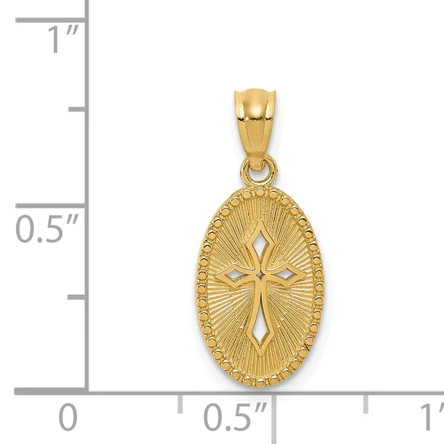 Gold oval pendant with radiating lines and cross cutouts, shown next to ruler measuring approximately 0.75 inches wide by 1 inch tall.