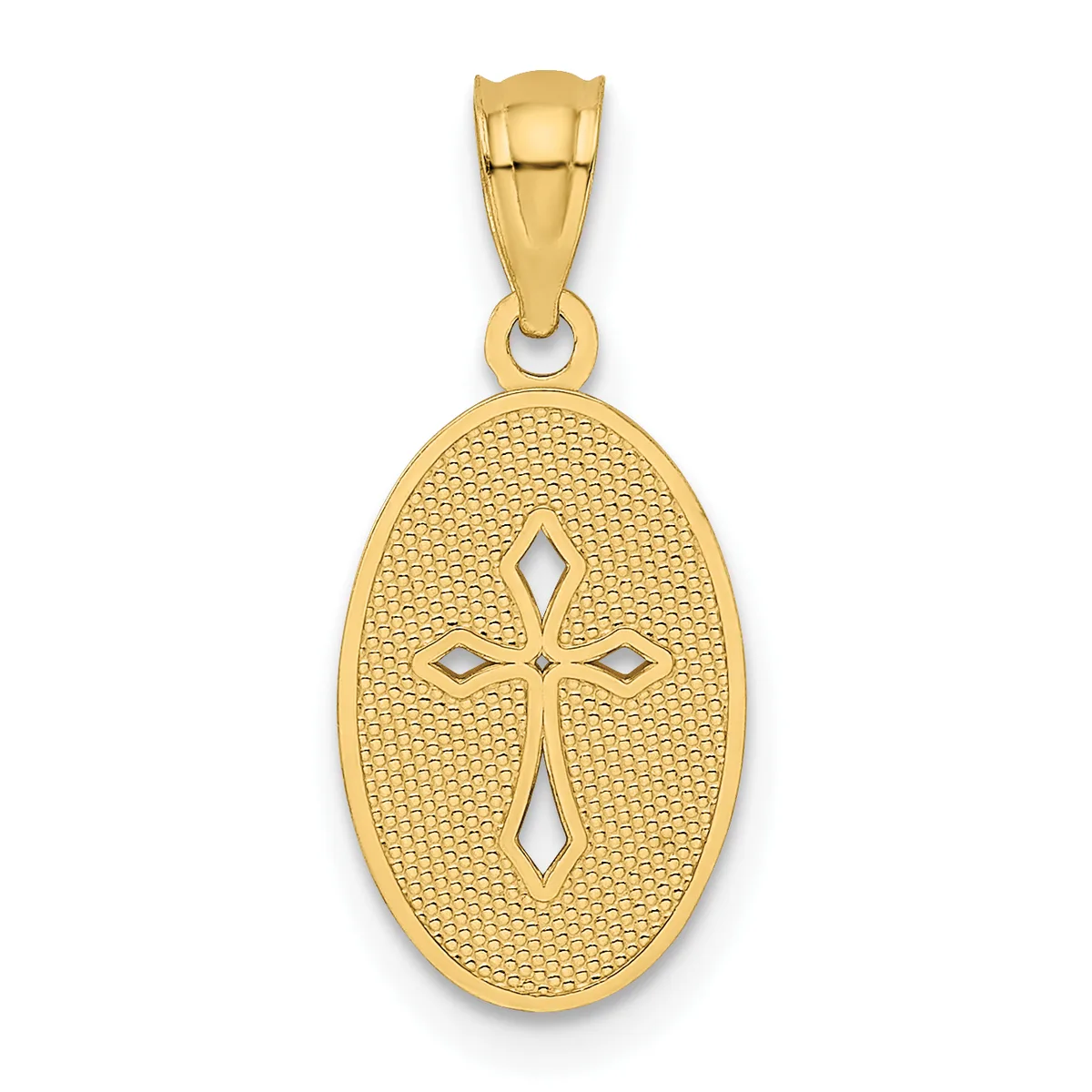 Gold oval pendant with a textured background and a cross cutout design in the center, suspended from a bail loop.