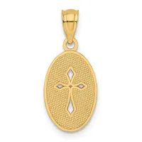 Gold oval pendant with a textured background and a cross cutout design in the center, suspended from a bail loop.