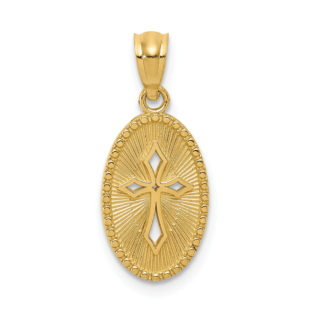 Gold oval pendant with radiating lines and a decorative cross cutout in the center, suspended from a gold bail.