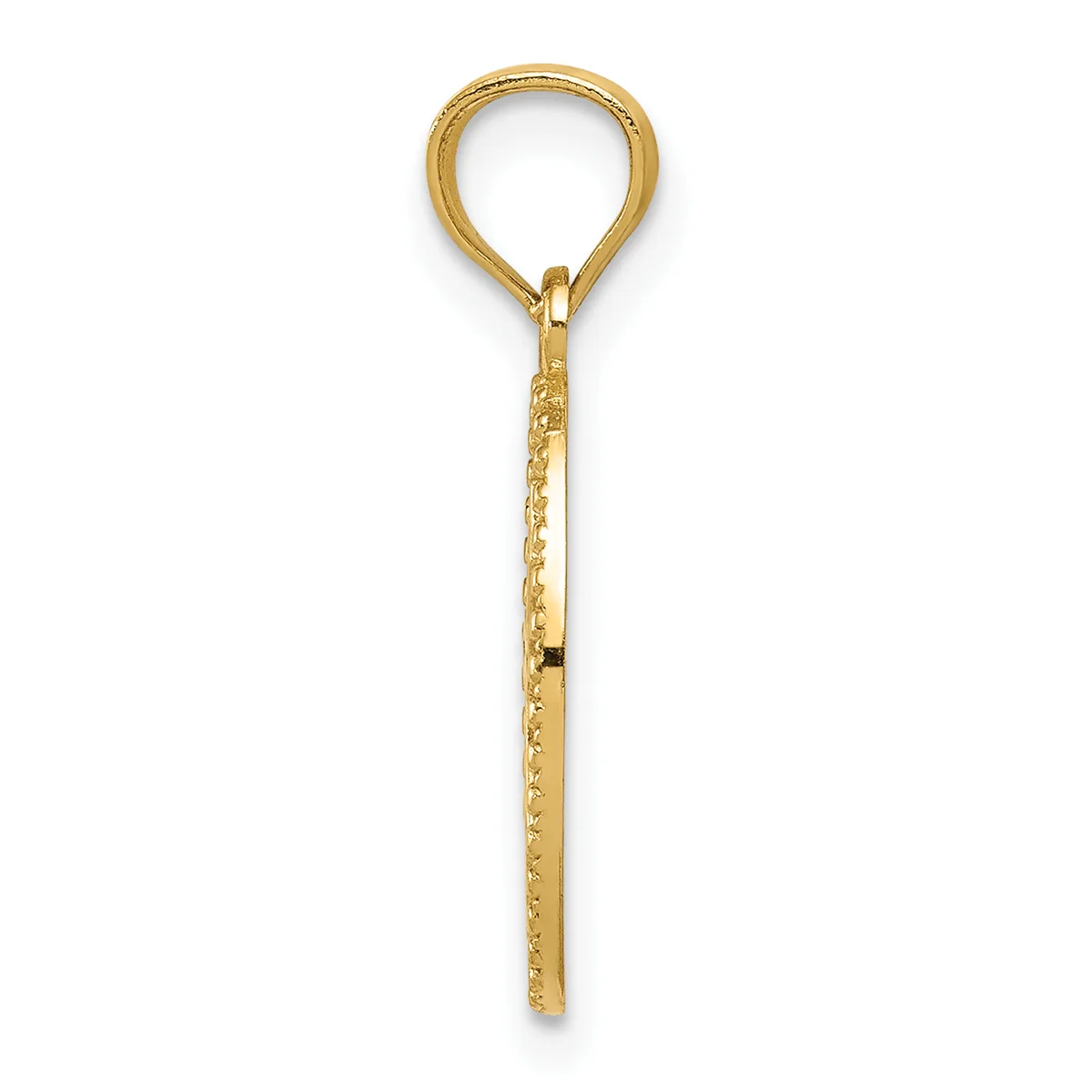 A gold pendant with a loop at the top and a textured stem below, shown against a white background.