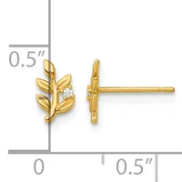 Pair of gold leaf-shaped stud earrings with diamond accents, shown front and back view with a measurement scale indicating approximately 0.5 inches in height.