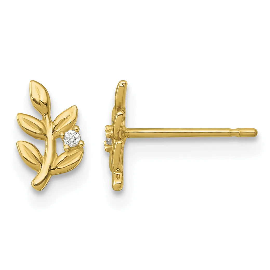 Pair of gold leaf-shaped stud earrings with small round diamonds, shown from front and back views.