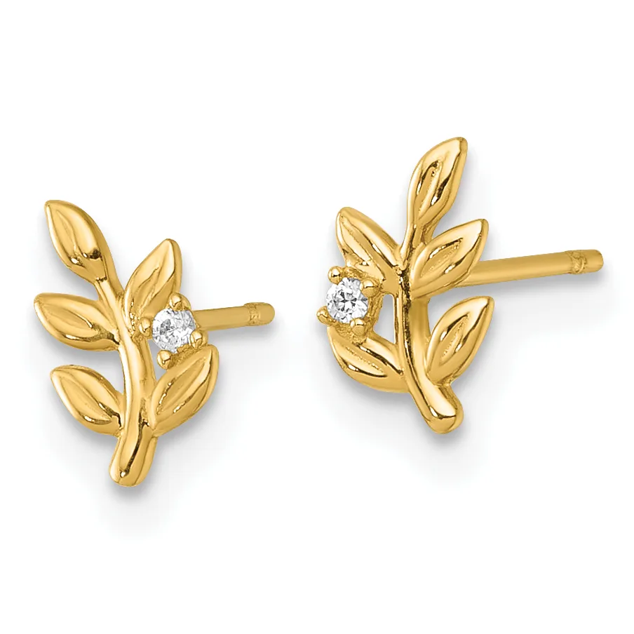 Pair of gold leaf-shaped stud earrings with round diamond accents, shown from the front on a white background.