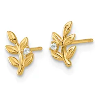 Pair of gold leaf-shaped stud earrings with round diamond accents, shown from the front on a white background.