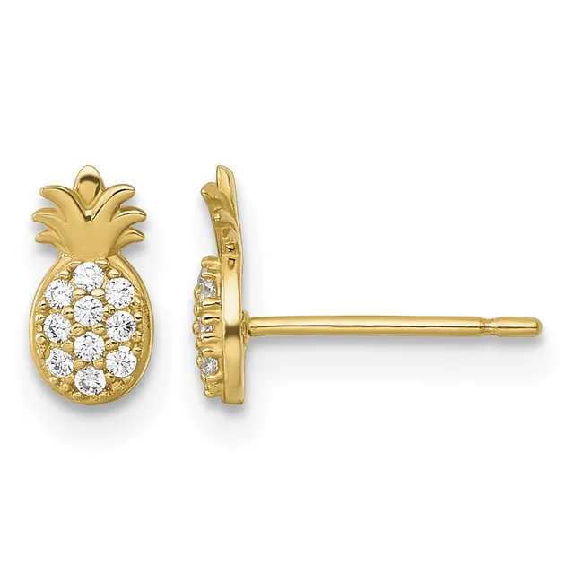 Pair of gold pineapple-shaped stud earrings with cubic zirconia stones set in the fruit body, shown from front and side views.