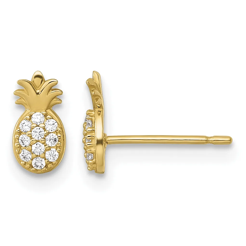 Pair of gold pineapple-shaped stud earrings with cubic zirconia stones set in the fruit body, shown from front and side views.