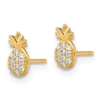 Pair of gold pineapple stud earrings with diamond-paved bodies and leafy tops, shown from the front on white background.