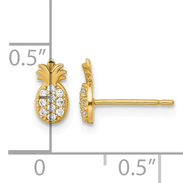 A pair of gold pineapple-shaped stud earrings with diamond pavé settings, shown front and side view with a measurement scale indicating 0.5 inches in height.