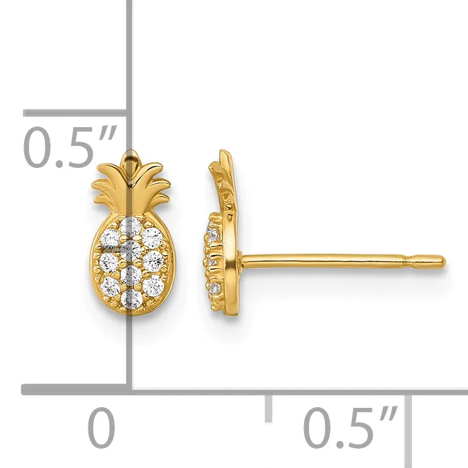 A pair of gold pineapple-shaped stud earrings with diamond pavé settings, shown front and side view with a measurement scale indicating 0.5 inches in height.