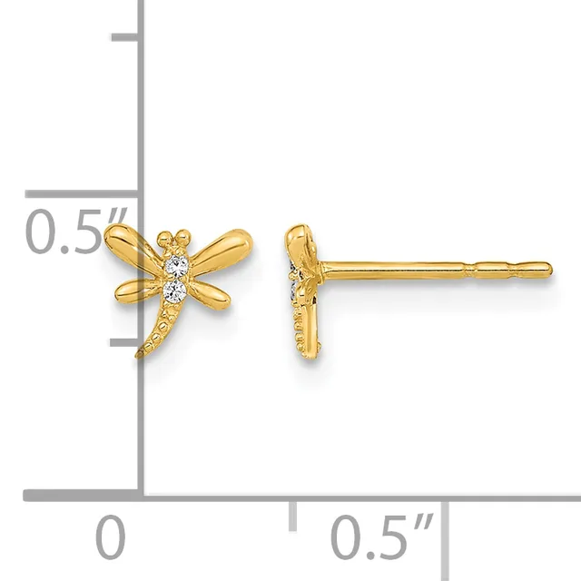 Gold dragonfly stud earrings with white stone accents shown front and side view next to a ruler indicating approximately half inch size.