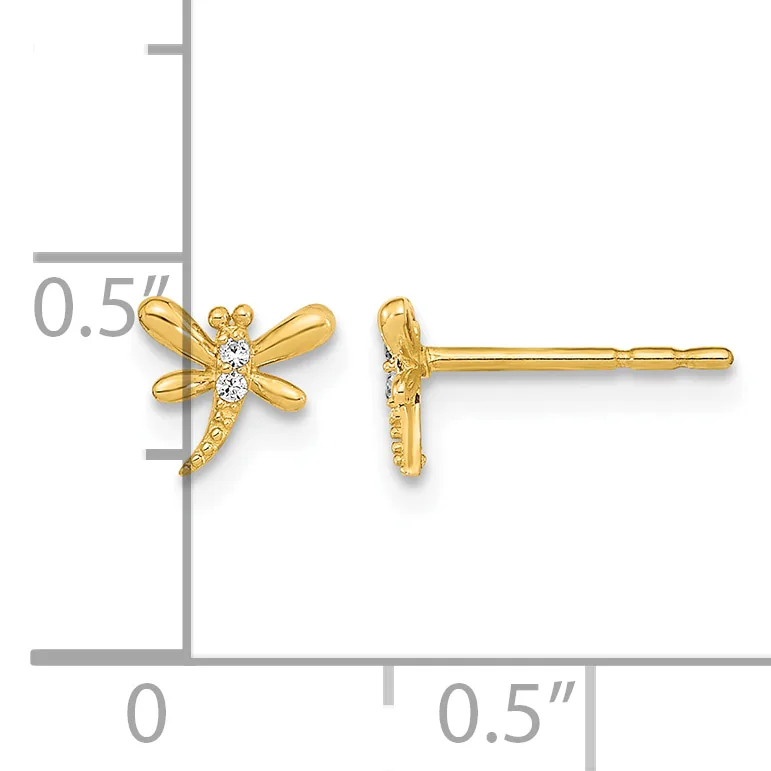 Gold dragonfly stud earrings with white stone accents shown front and side view next to a ruler indicating approximately half inch size.