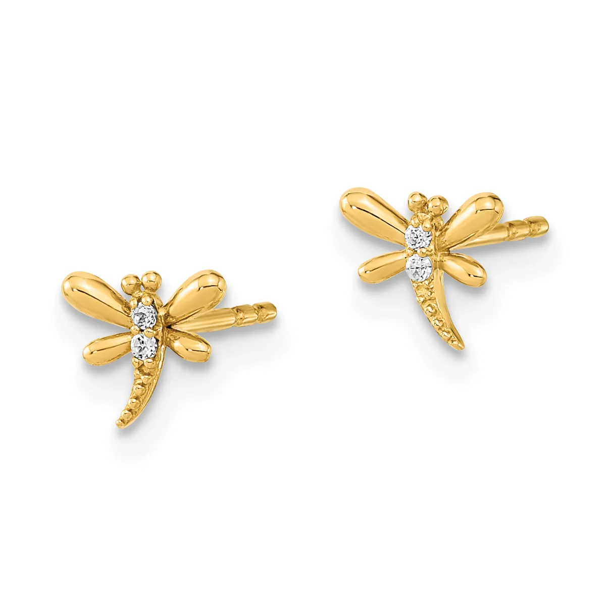 A pair of gold dragonfly stud earrings with diamond accents along the body, shown from the front against a white background.