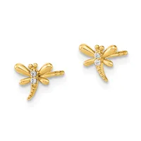 A pair of gold dragonfly stud earrings with diamond accents along the body, shown from the front against a white background.