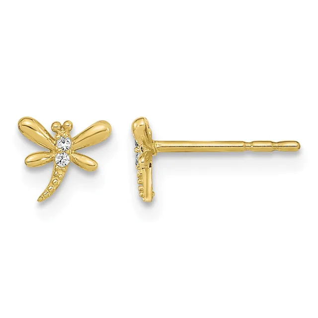 A pair of gold dragonfly stud earrings with diamond centers, shown from front and side views.