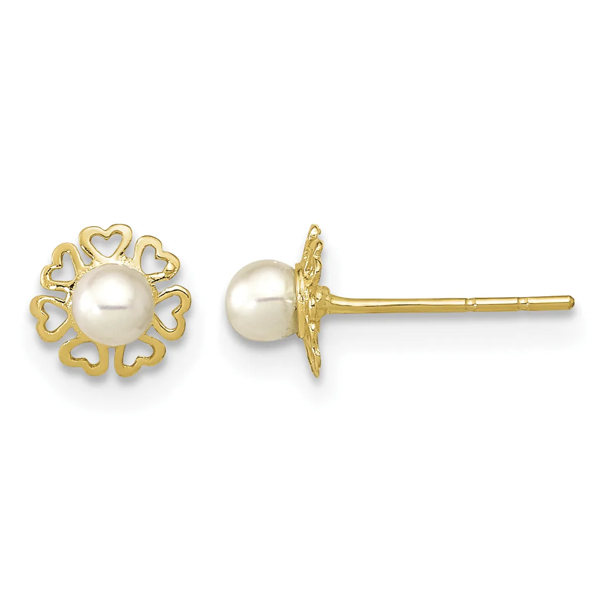 Pair of gold stud earrings with pearl centers surrounded by heart-shaped cutout designs, shown from front and side views.